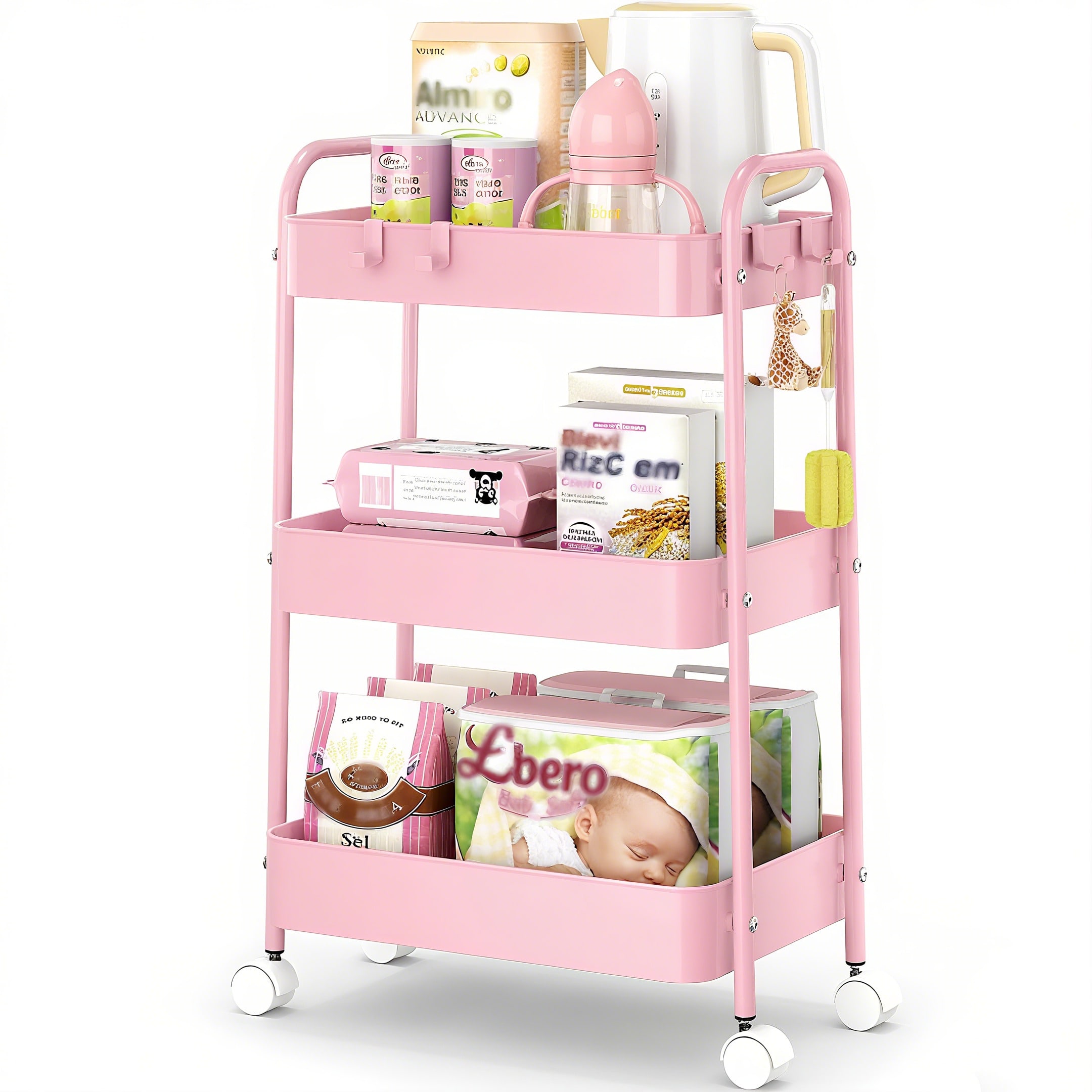 Baby Nursery Organizer - 3-stufiger Metall-Rollwagen mit Rädern, moderner pinker