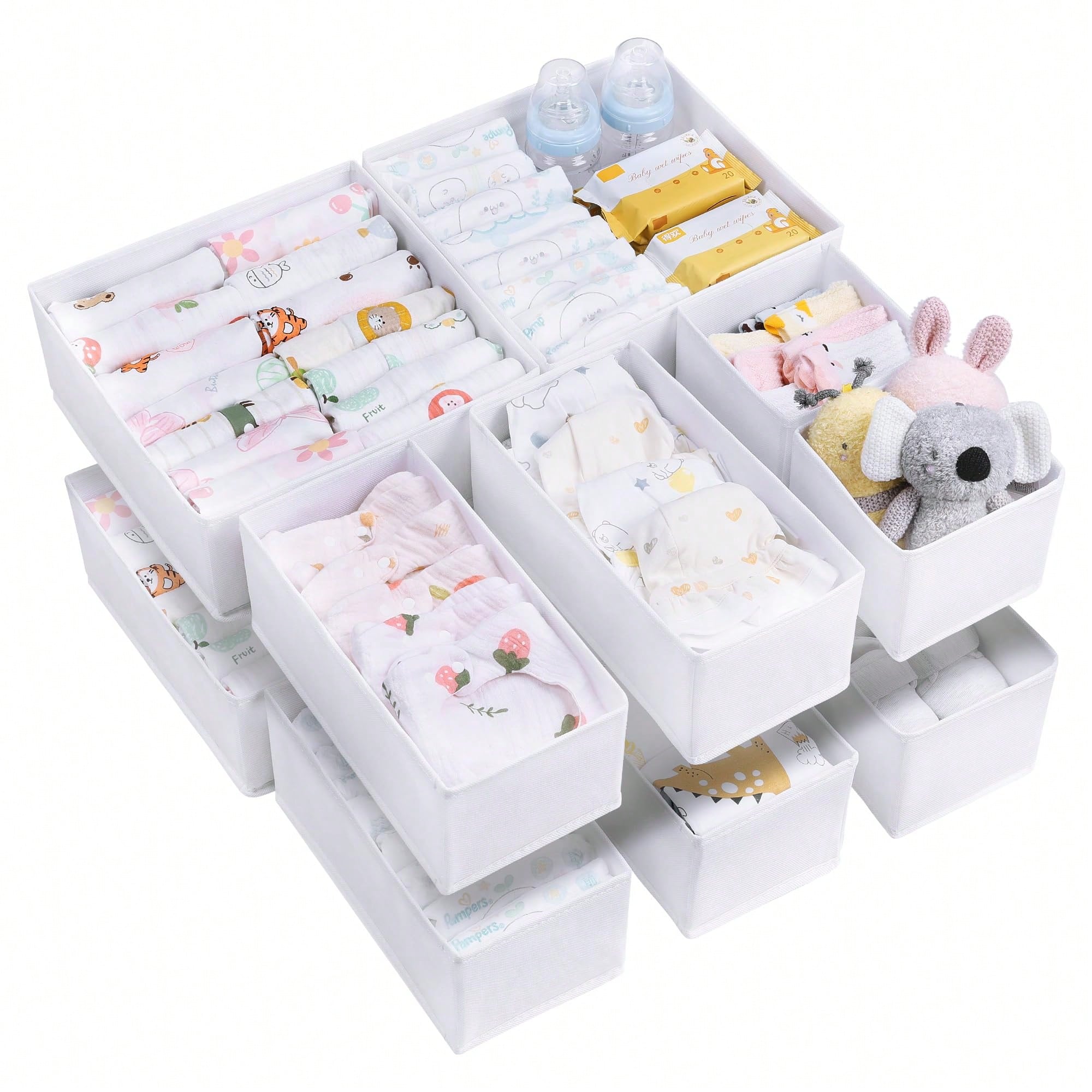 Baby Nursery Dresser Changing Table - 12er-Pack Baby-Kleider-Schubladen-Organizer, weißer Stoff, faltbare Schrank-Schubladen-Aufbewahrungsboxen,