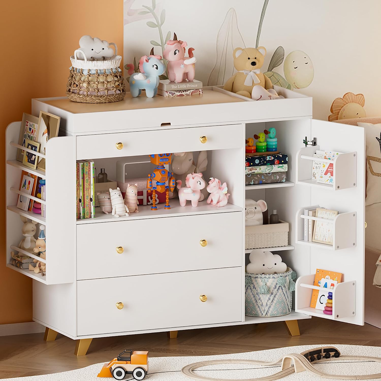 Baby Nursery Dresser Changing Table - Kinderzimmer-Kommode mit Wickeltisch, 3-Schubladen-Windelstation mit Regalen,