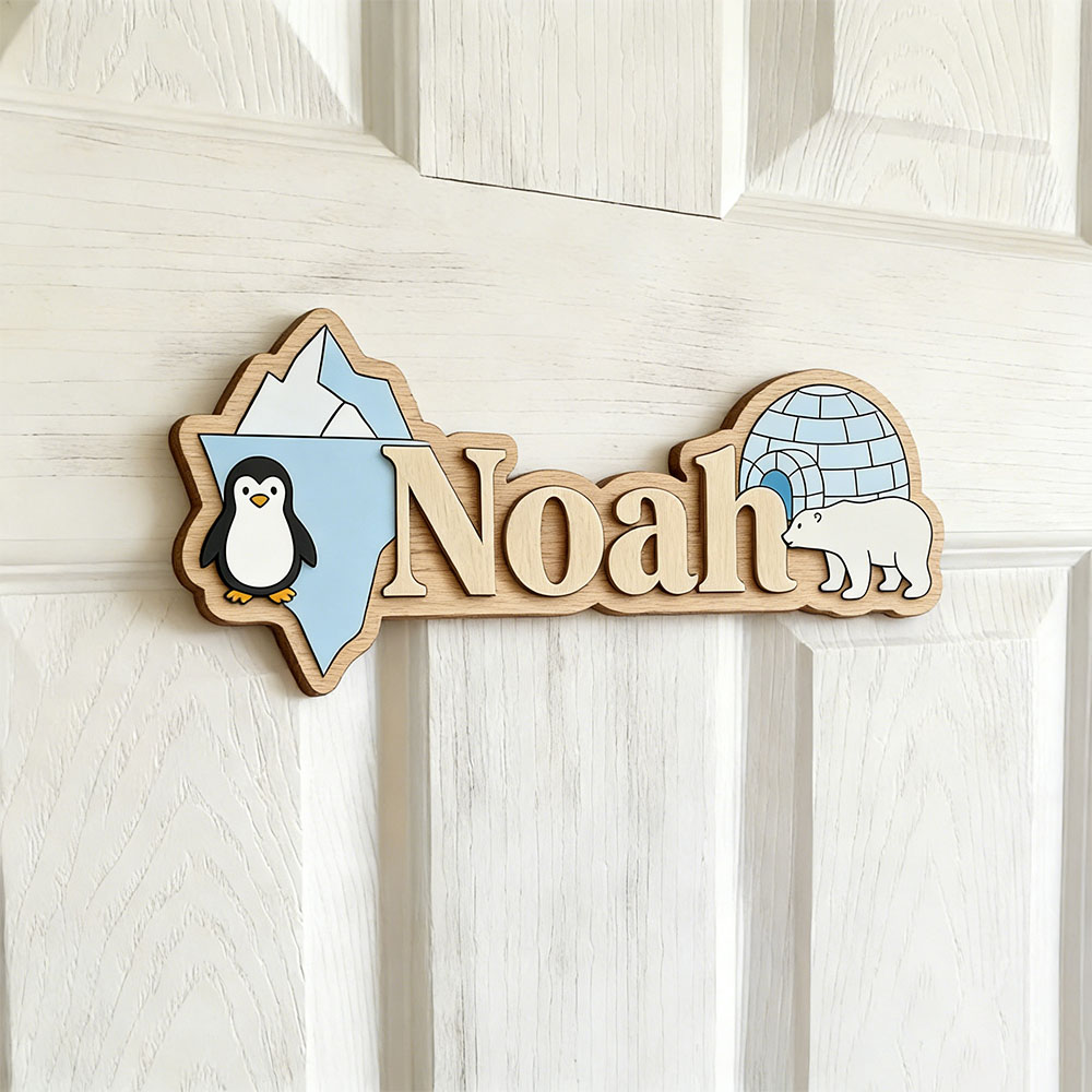 Baby Nursery - Arktischer Pinguin & Eisbär Personalisiertes Namensschild