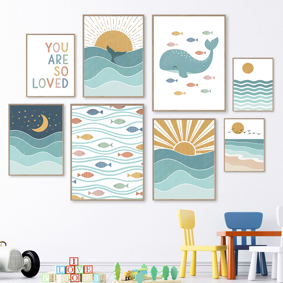 Baby Girl Nursery Quotes - (2D-Leinwandgemälde) Fisch, Wal, Möwe, Sonnenaufgang, Sonnenuntergang,