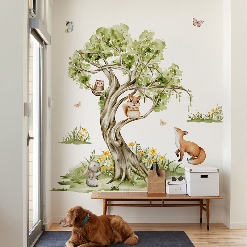 Baby Nursery Jungle Wallpaper - Wandaufkleber mit Aquarell-Wald, großer Baum, Tiere,