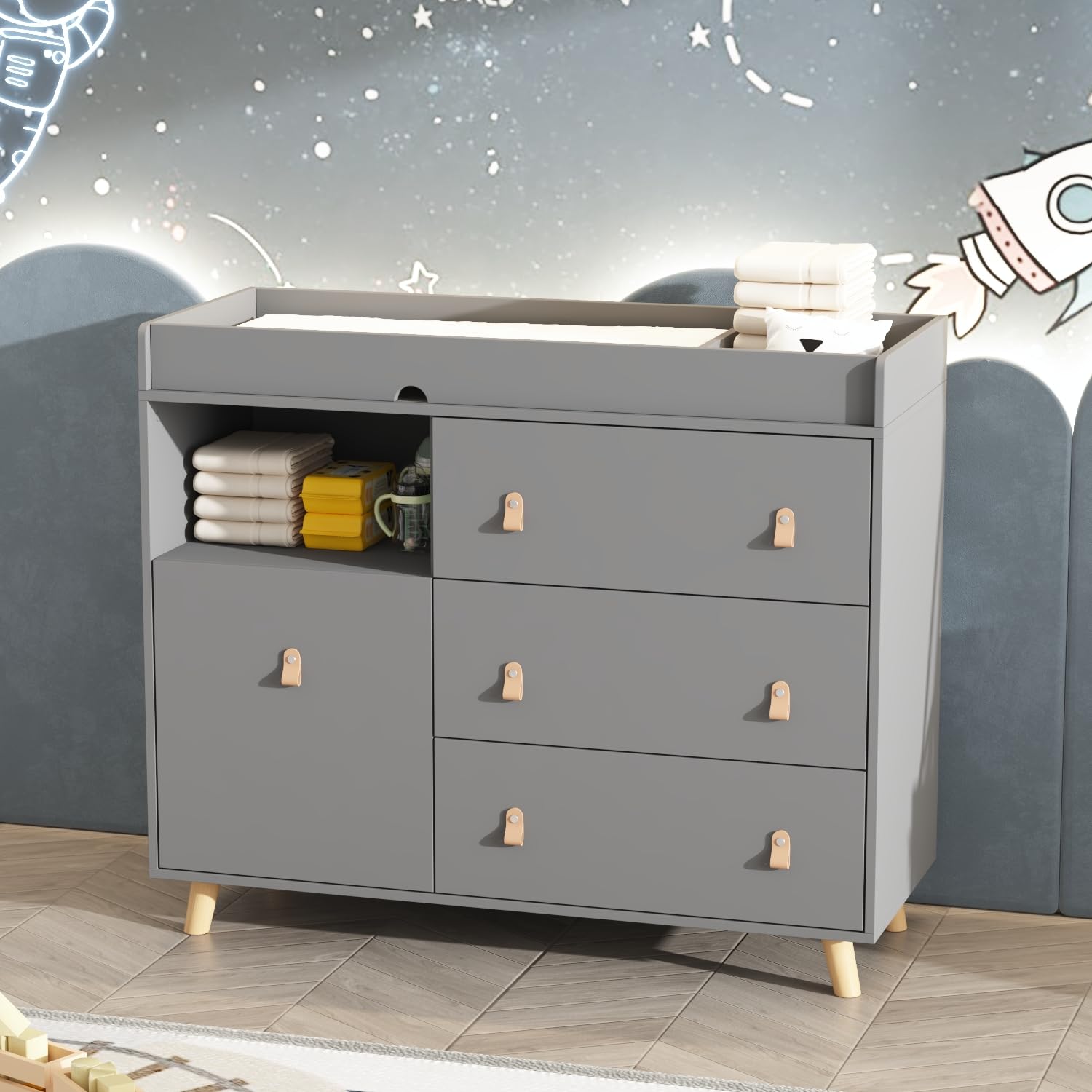 Baby Nursery Dresser Changing Table - Baby-Kommode mit 4 Schubladen, Wickeltisch, Kinderzimmer-Organizer,